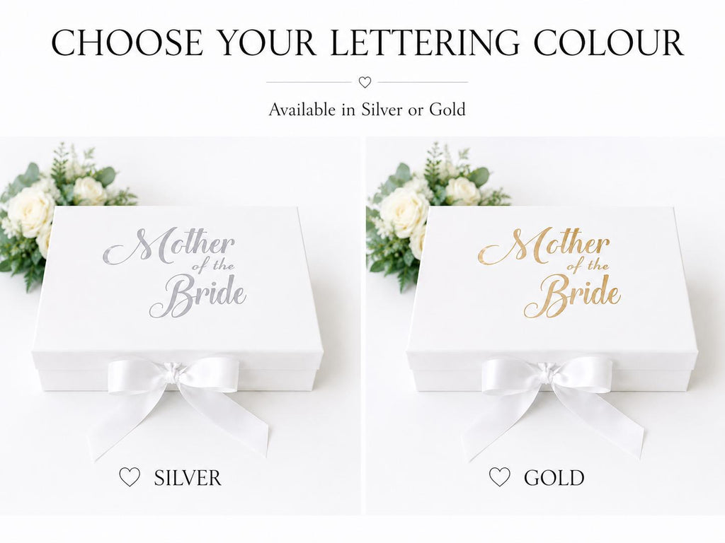 Mother of the Bride Keepsake Gift Box | White Magnetic Closure, Silver/Gold Lettering