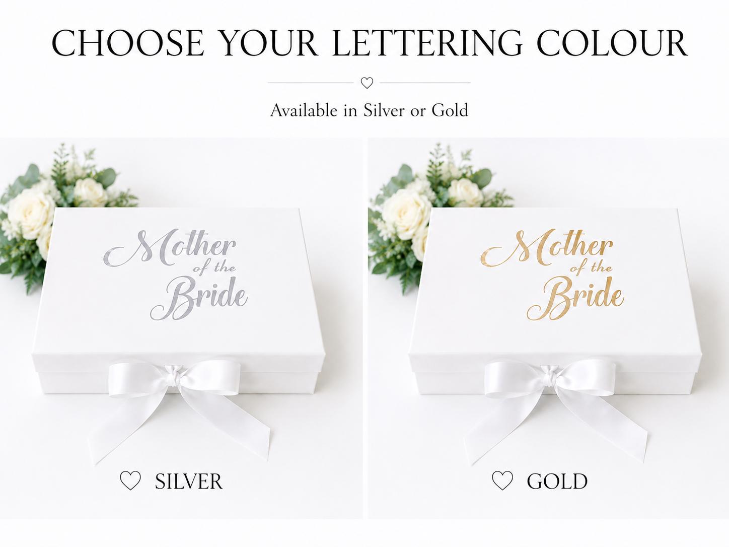 Mother of the Bride Keepsake Gift Box | White Magnetic Closure, Silver/Gold Lettering