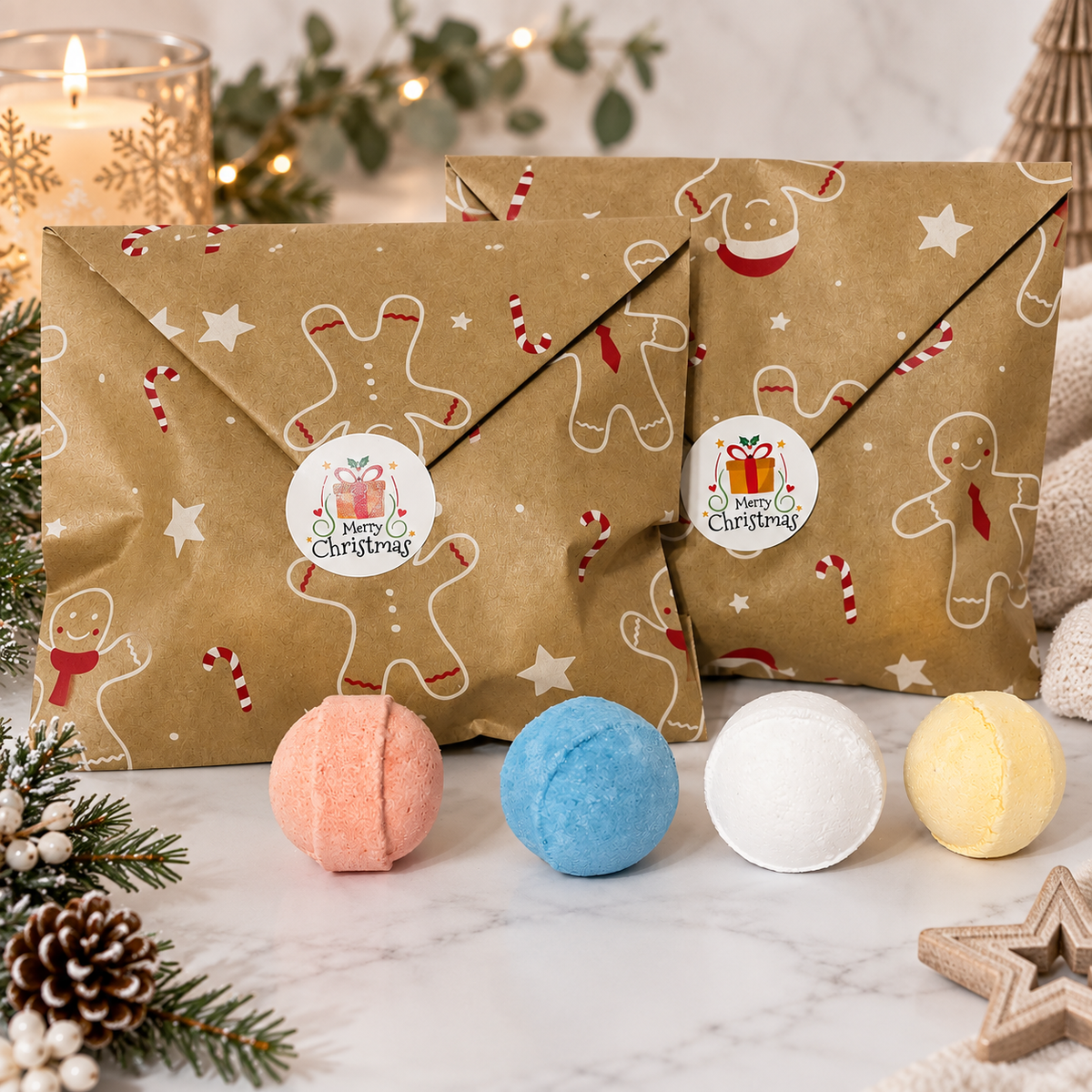 Christmas Bath Bomb Gift Set, 2 Ready-to-Gift Bags, 4 Mini Bath Bombs Per Bag