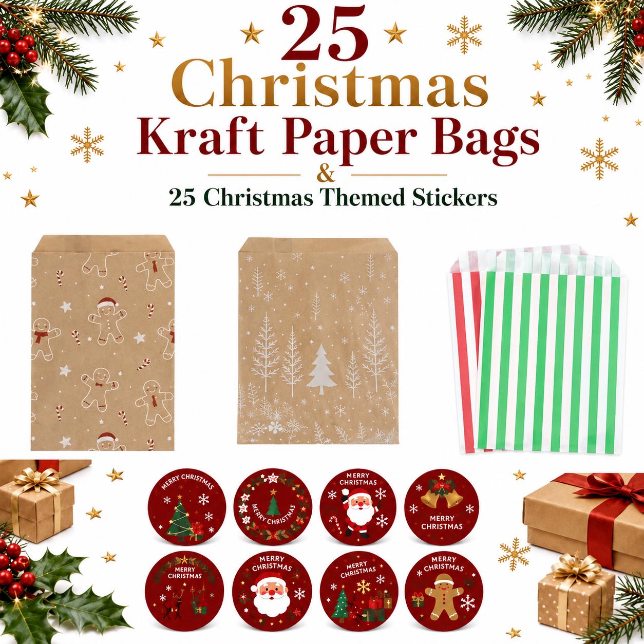 Christmas Treat Bags with Stickers | Kraft Paper Party Favors (Set of 25)