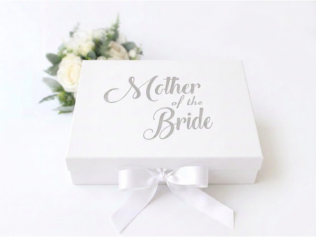 Mother of the Bride Keepsake Gift Box | White Magnetic Closure, Silver/Gold Lettering