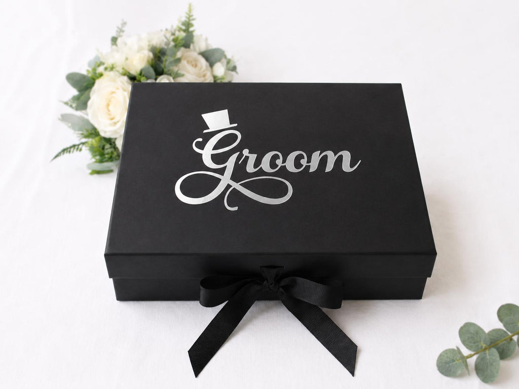 Groom Keepsake Box: Black Luxury Gift, Wedding Memory Box, Silver/Gold Lettering