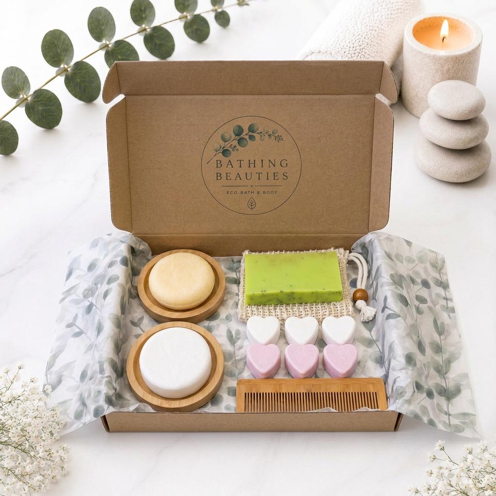 Letterbox Eco Pamper Gift Set | Shampoo, Conditioner Bars, Handmade Soap, Bamboo Accessories