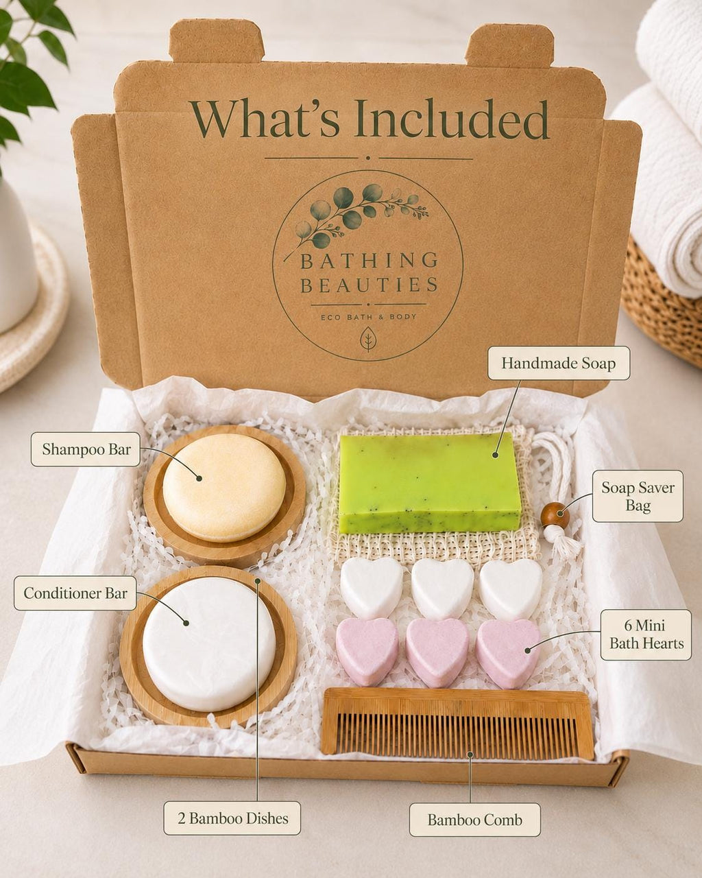Letterbox Eco Pamper Gift Set | Shampoo, Conditioner Bars, Handmade Soap, Bamboo Accessories