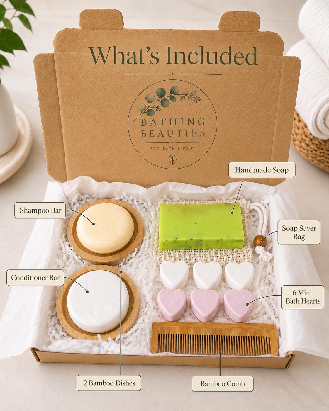 Letterbox Eco Pamper Gift Set | Shampoo, Conditioner Bars, Handmade Soap, Bamboo Accessories