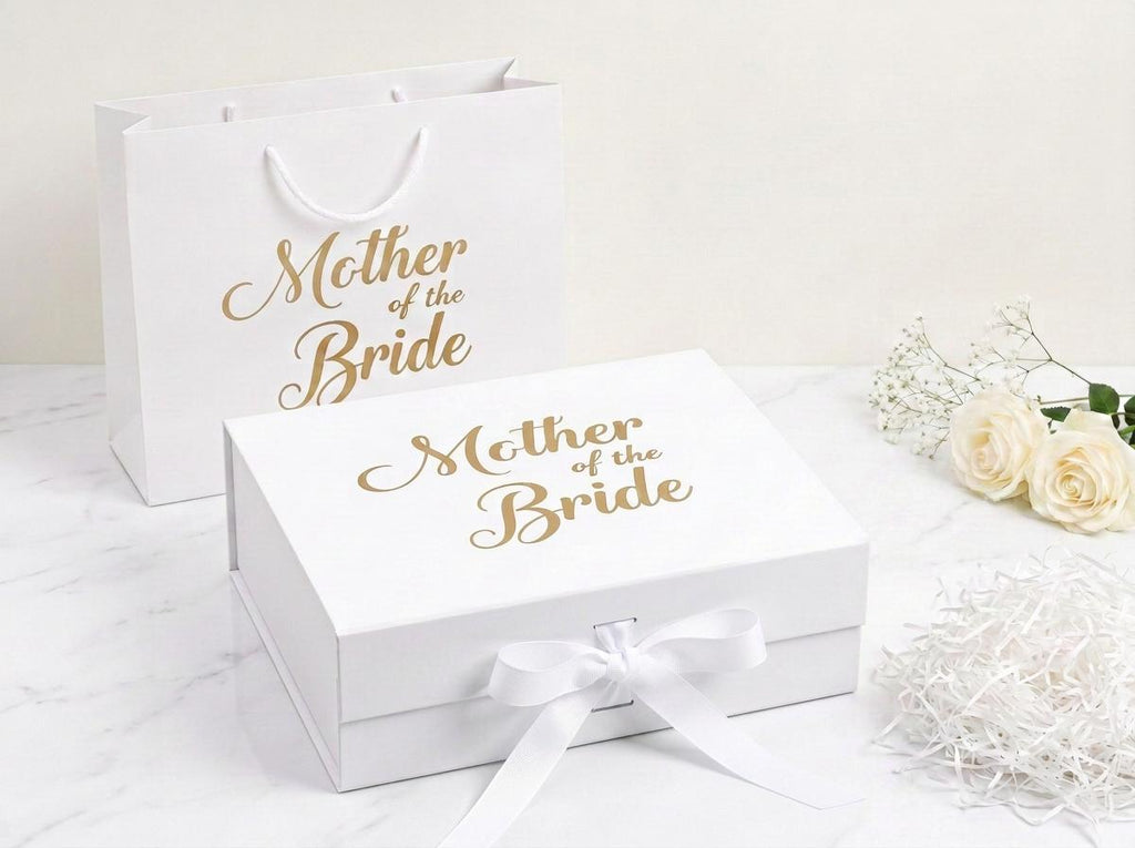 Mother of the Bride Keepsake Gift Box | White Magnetic Closure, Silver/Gold Lettering