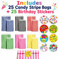 Candy Stripe Paper Bags & Birthday Stickers Set | Party Favors, Sweets, Goodie Bags