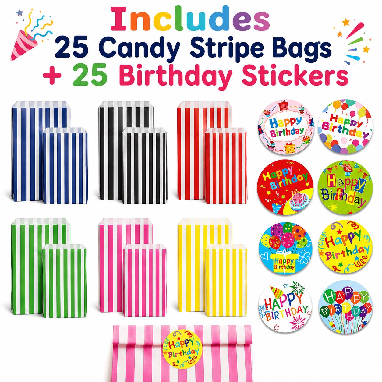 Candy Stripe Paper Bags & Birthday Stickers Set | Party Favors, Sweets, Goodie Bags