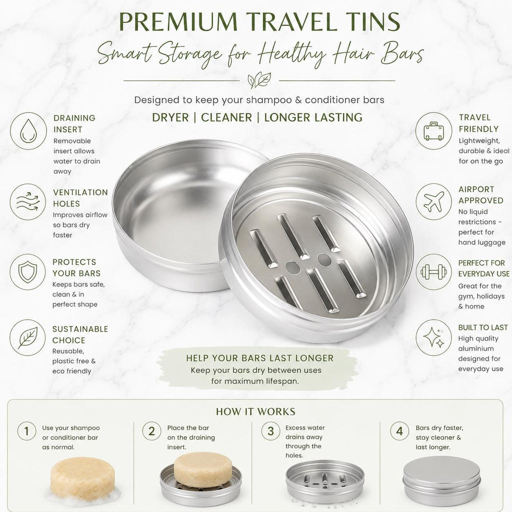 Shampoo & Conditioner Bars + 2 Storage and Travel Drainage Tins | Solid Hair Bars Gift Set | Plastic Free Hair Care