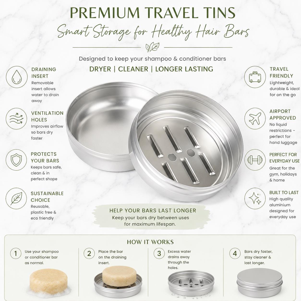 Shampoo & Conditioner Bars + 2 Storage and Travel Drainage Tins | Solid Hair Bars Gift Set | Plastic Free Hair Care