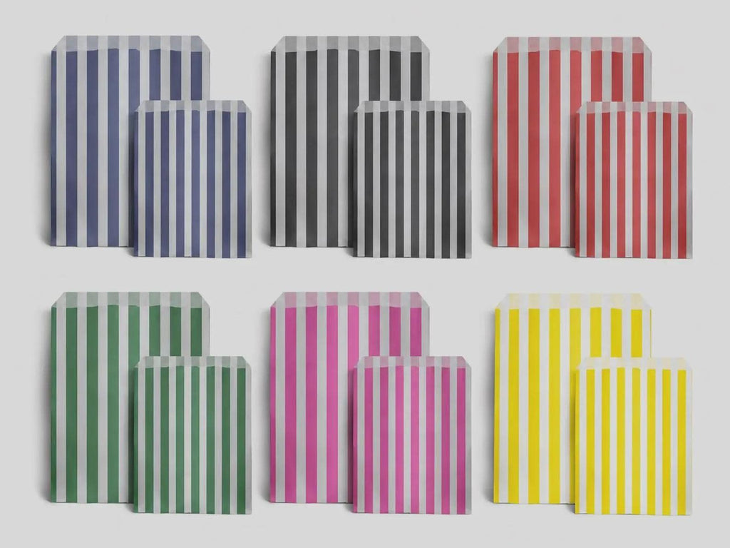 Striped Paper Bags, Party Favours, Sweet Treat Bags, 100 Pack, 2 Sizes, 7 Colours