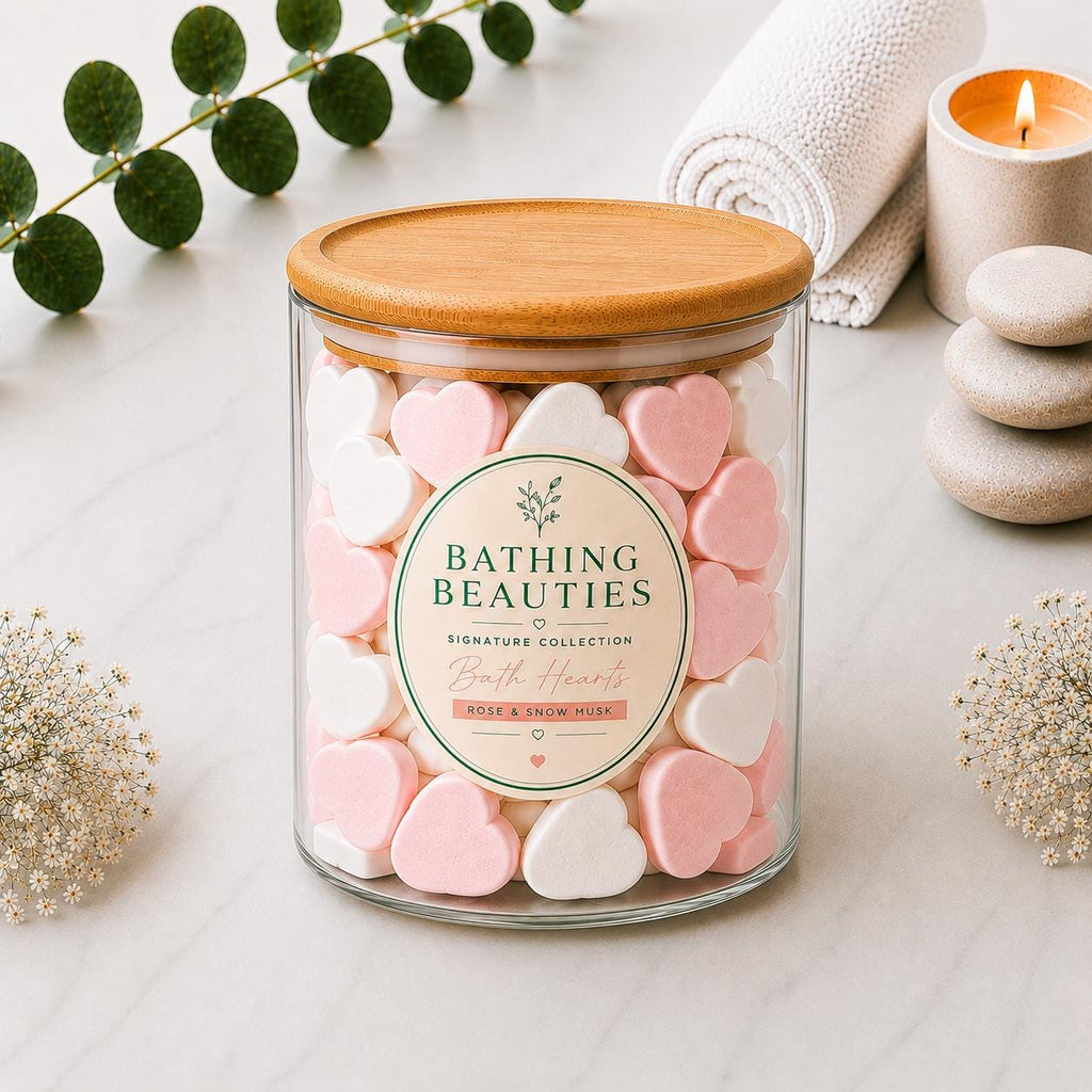 50 Luxury Bath Hearts | Rose & Snow Musk Vegan Spa Gift (Glass Jar)