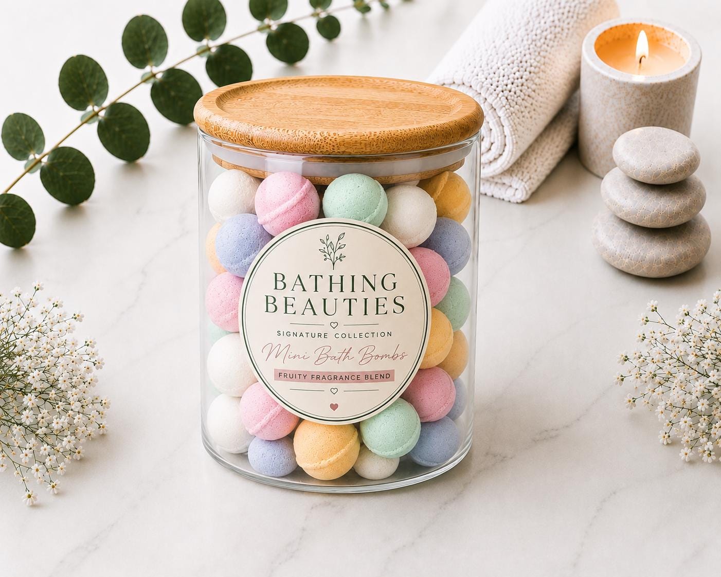 50 Mini Bath Bombs | Fruity Vegan Fizzers in Reusable Glass Jar