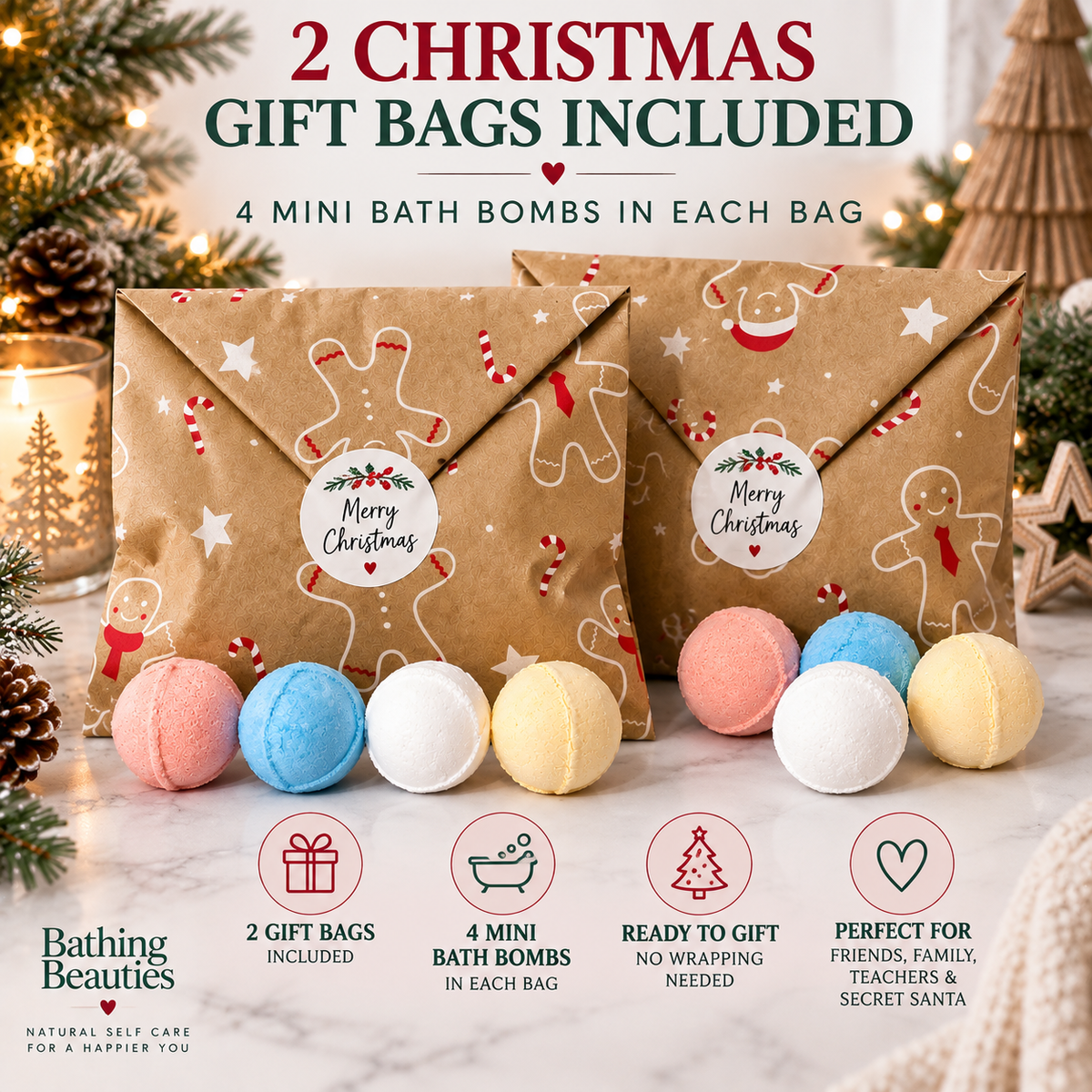 Christmas Bath Bomb Gift Set, 2 Ready-to-Gift Bags, 4 Mini Bath Bombs Per Bag