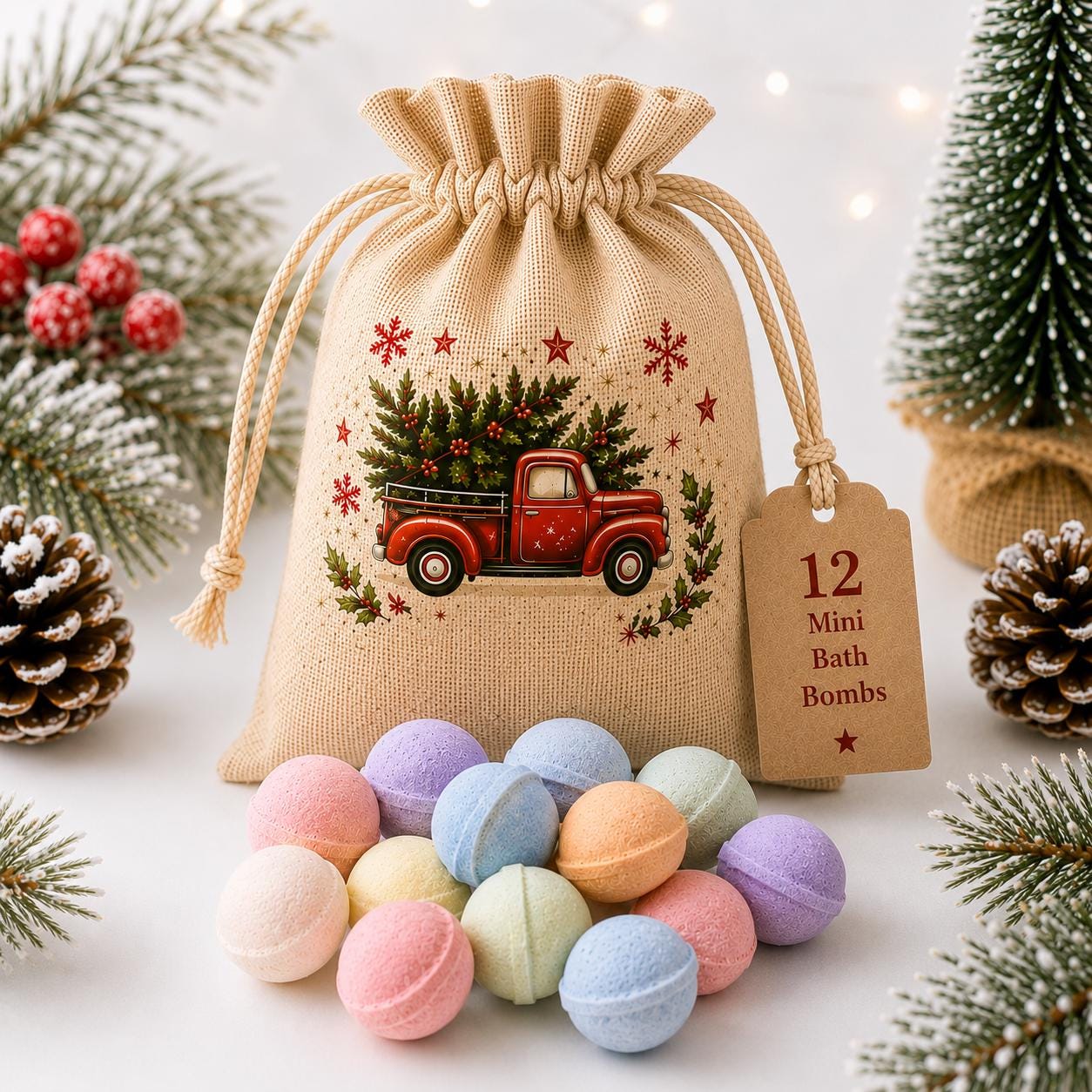 12 Mini Christmas Bath Bombs | Vegan Bath Fizzers | Christmas Gift Bag | Stocking Filler