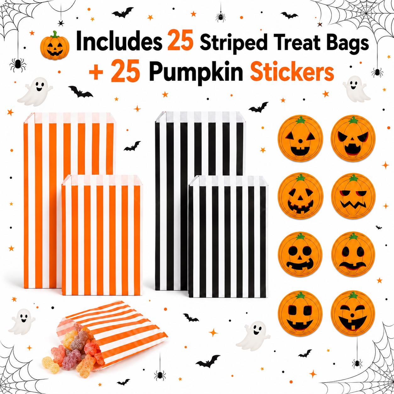 Halloween Striped Treat Bags & Pumpkin Stickers Party Favors (25 Count)