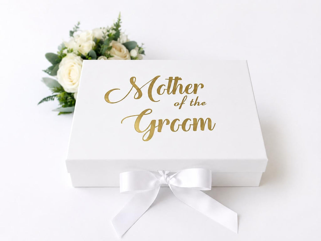 Mother of The Groom Gift Box: White Keepsake, Silver/Gold Lettering