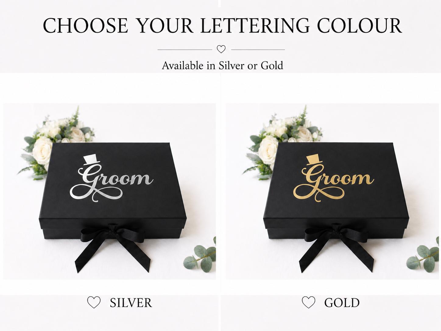Groom Keepsake Box: Black Luxury Gift, Wedding Memory Box, Silver/Gold Lettering