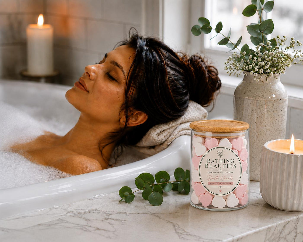 50 Luxury Bath Hearts | Rose & Snow Musk Vegan Spa Gift (Glass Jar)