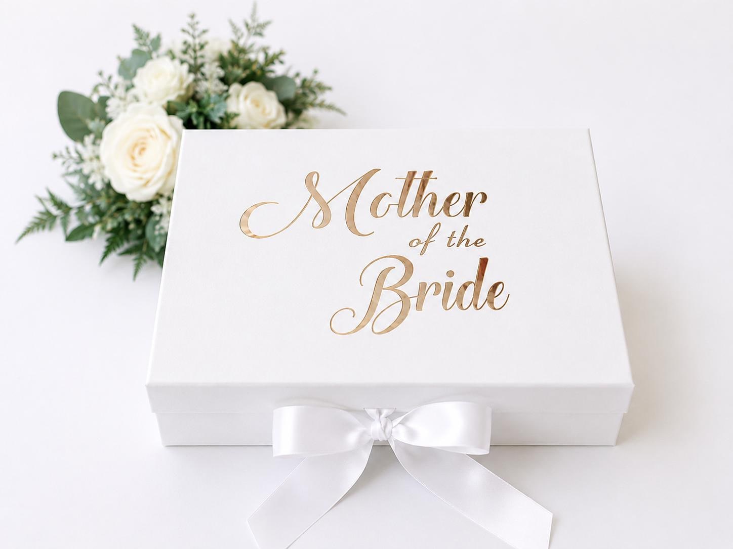 Mother of the Bride Keepsake Gift Box | White Magnetic Closure, Silver/Gold Lettering