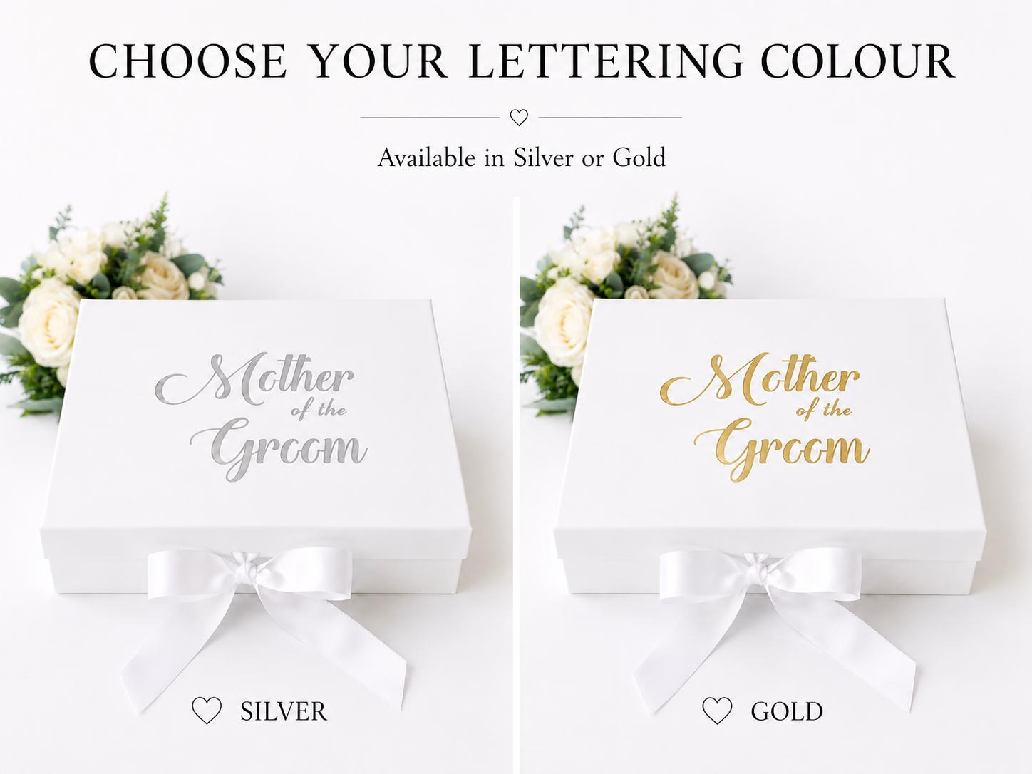 Mother of The Groom Gift Box: White Keepsake, Silver/Gold Lettering