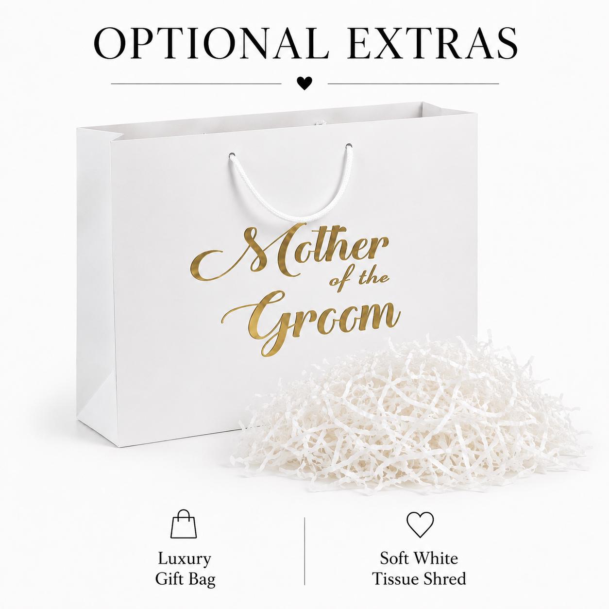 Mother of The Groom Gift Box: White Keepsake, Silver/Gold Lettering