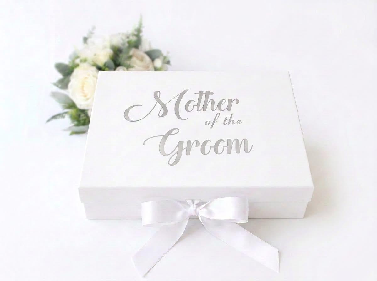 Mother of The Groom Gift Box: White Keepsake, Silver/Gold Lettering