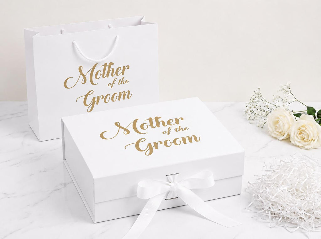 Mother of The Groom Gift Box: White Keepsake, Silver/Gold Lettering