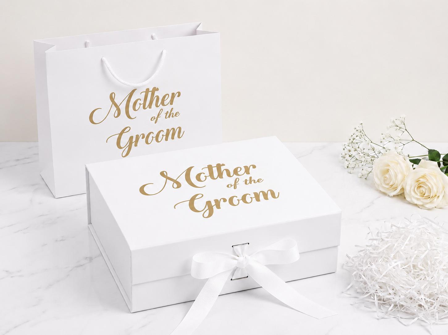 Mother of The Groom Gift Box: White Keepsake, Silver/Gold Lettering