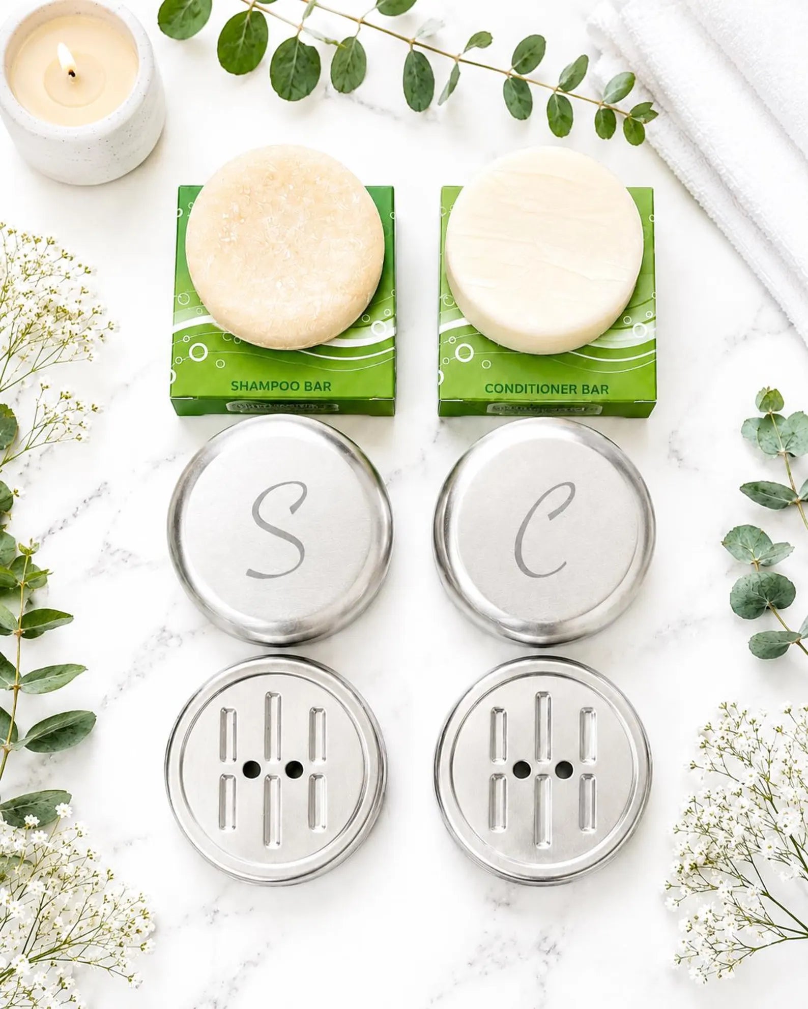 Shampoo & Conditioner Bars + 2 Storage and Travel Drainage Tins